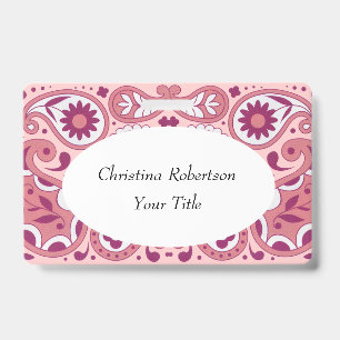Bright Pink White Paisley Design Flowers Tear Drop Badge