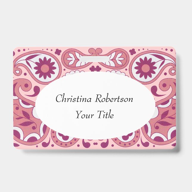 Bright Pink White Paisley Design Flowers Tear Drop Badge (Front)
