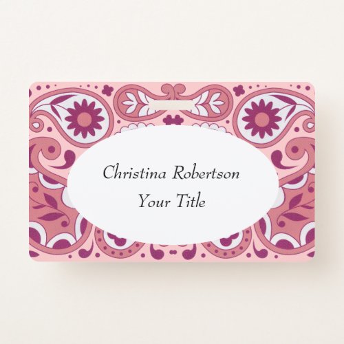 Bright Pink White Paisley Design Flowers Tear Drop Badge