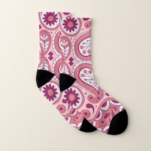 Bright Pink White Paisley Pattern Flowers Socks