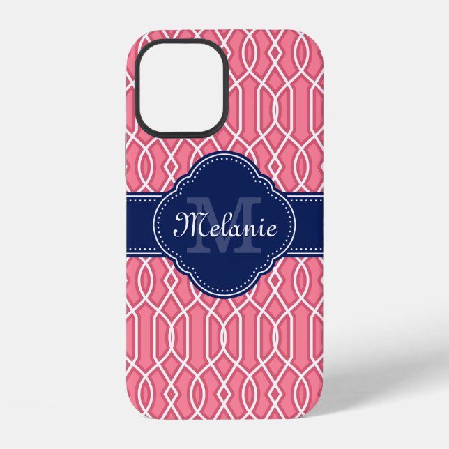 Bright Pink Wht Lattice Pattern Navy Monogram Iphone Case (Back)