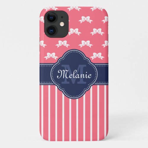 Bright Pink Wht Ribbon Pattern Navy Monogram iPhone 11 Case