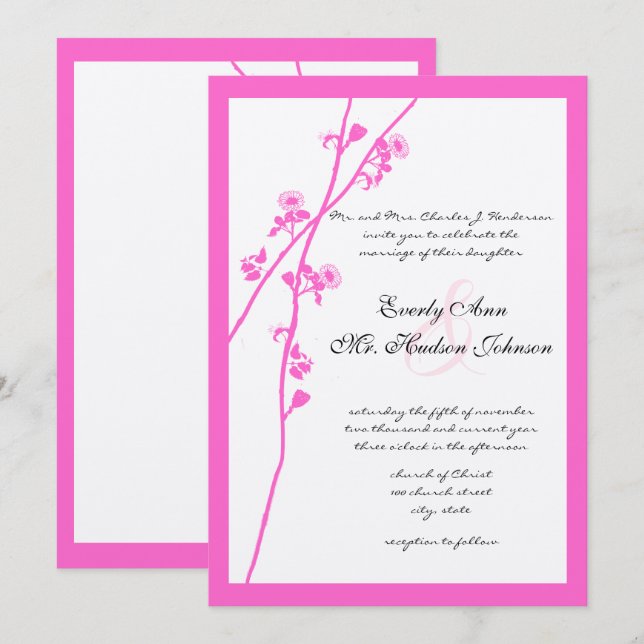 Bright Pink Wild Flower Branch Wedding Invitation (Front/Back)