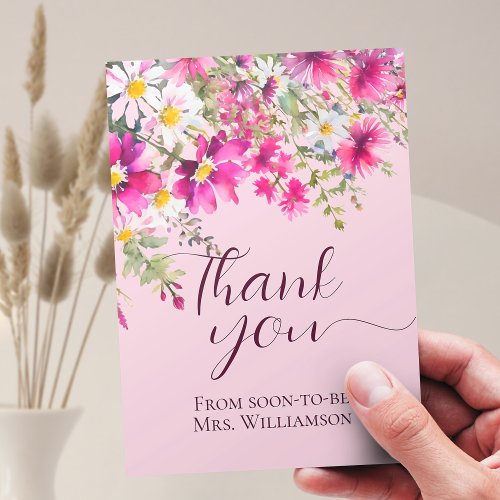Bright Pink Wildflowers Boho Floral Thank You Card
