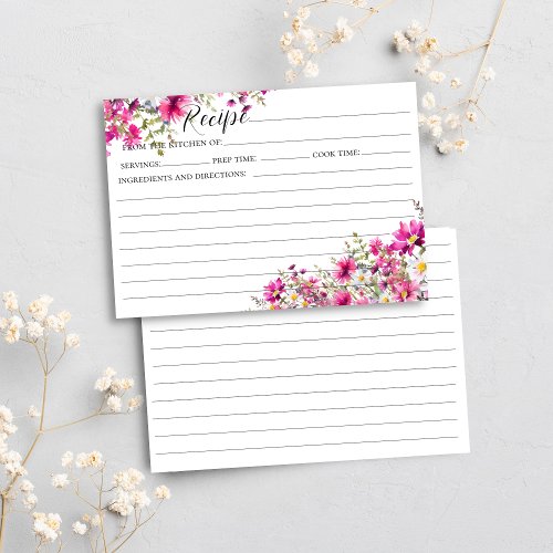 Bright Pink Wildflowers Bridal Shower Recipe Card