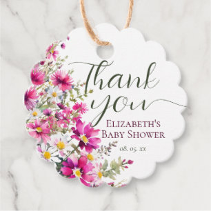 Bright Pink Wildflowers Floral Boho Baby Shower Favor Tags