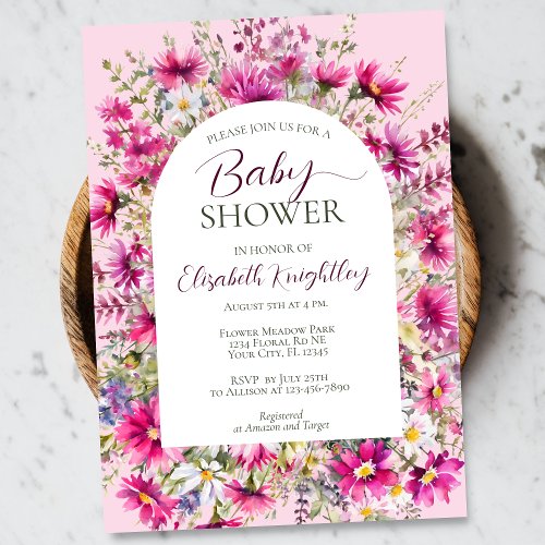 Bright Pink Wildflowers Floral Boho Baby Shower Invitation