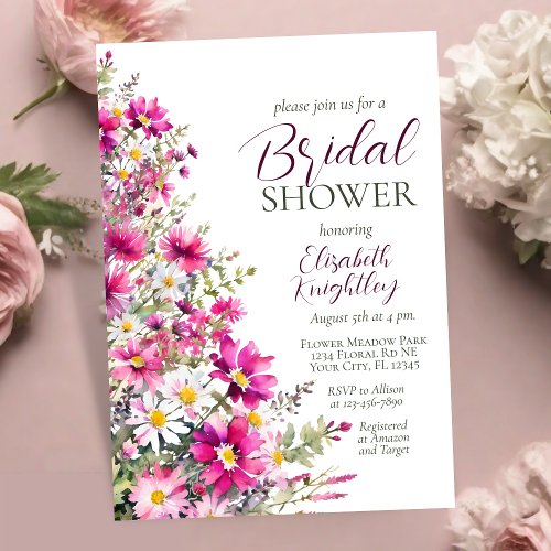 Bright Pink Wildflowers Floral Boho Bridal Shower Invitation