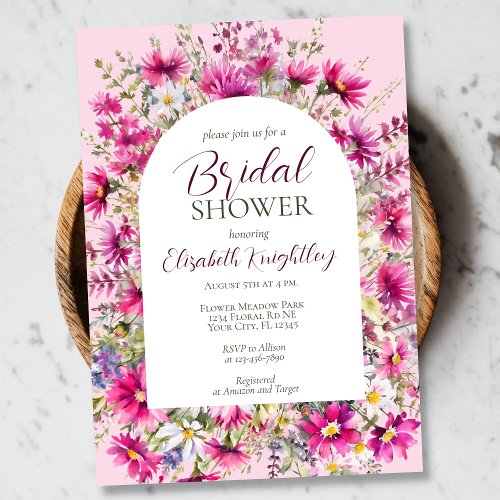 Bright Pink Wildflowers Floral Boho Bridal Shower Invitation