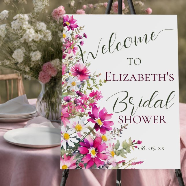 Bright Pink Wildflowers Floral Boho Script Welcome Foam Board (Creator Uploaded)