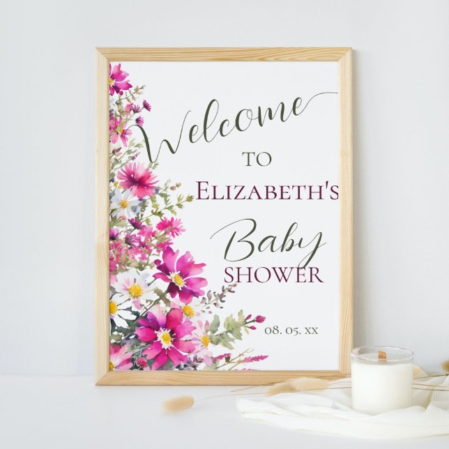 Bright Pink Wildflowers Floral Boho Script Welcome Poster (Creator Uploaded)