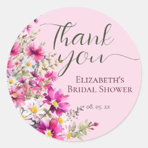 Bright Pink Wildflowers Floral Script Thank You Classic Round Sticker