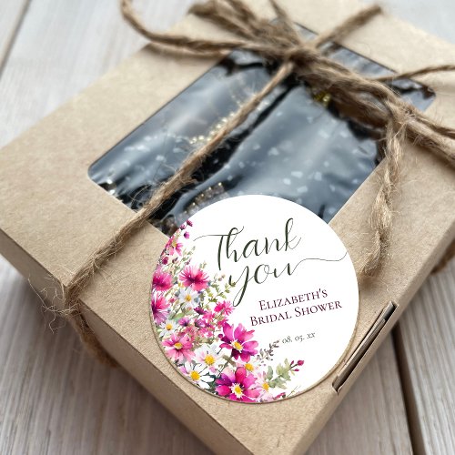 Bright Pink Wildflowers Floral Script Thank You Classic Round Sticker