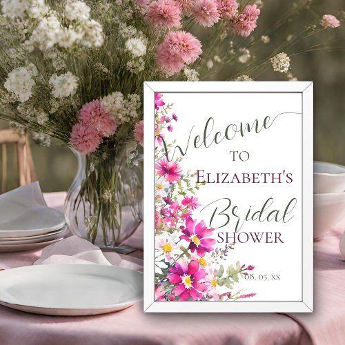 Bright Pink Wildflowers Floral Script Welcome Sign