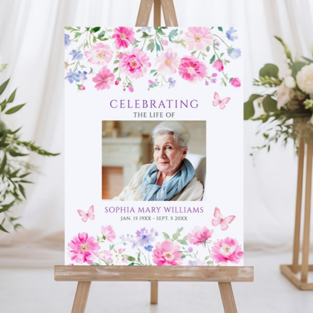 Bright Pink Wildflowers Funeral Welcome Sign (Creator Uploaded)