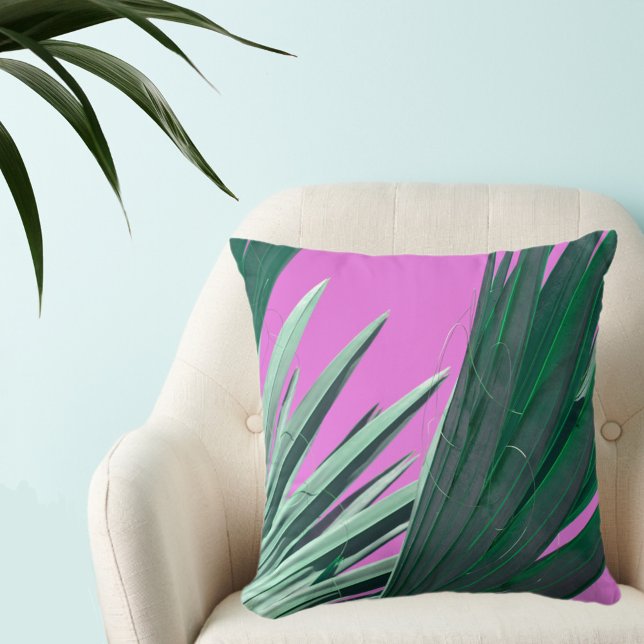Bright Pink with Green Palm Fronds Throw Pillow (Creator Uploaded)