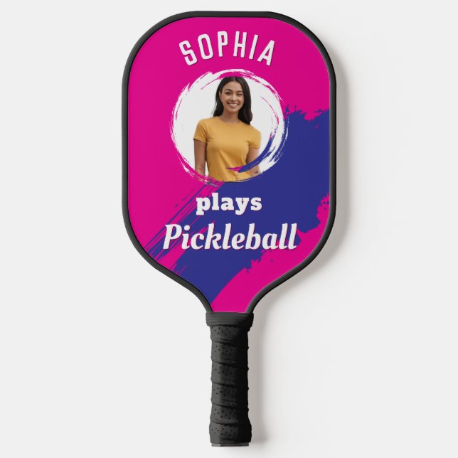 Bright Pink with Photo and Name Personalized Pickleball Paddle (Front)