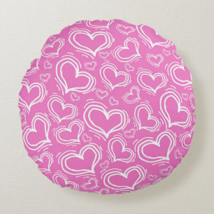 BRIGHT PINK WITH WHITE HEARTS AND FLOWERS ROUND PILLOW