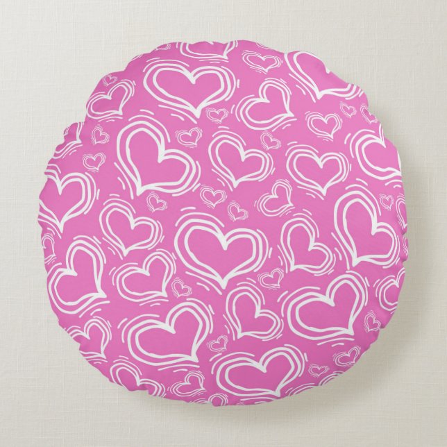 BRIGHT PINK WITH WHITE HEARTS AND FLOWERS ROUND PILLOW (Front)