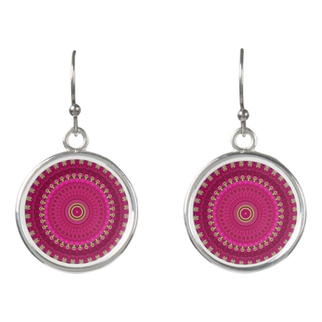 Bright Pink with Yellow Mandala Design Earrings (Front)