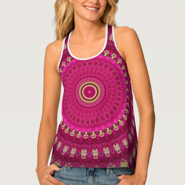 Bright Pink with Yellow Mandala Design  Tank Top (Front)