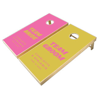 Bright Pink Yellow Bride Groom Wedding Custom Cornhole Set