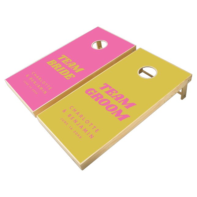 Bright Pink Yellow Bride Groom Wedding Custom Cornhole Set (Angled)