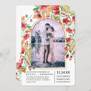 Bright Pink Yellow Floral Arch Photo Wedding Invitation