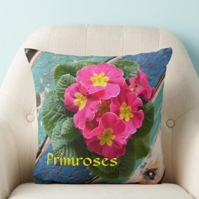 Bright Pink Yellow Primroses Blue Rustic Floral Throw Pillow (Creator Uploaded)