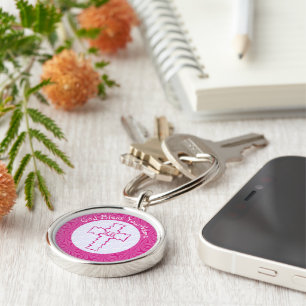 Bright Pink Zig Zag Cross on White and Hot Pink Keychain