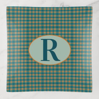 Bright Plaid, Gold and Blue, with Custom Monogram Trinket Tray