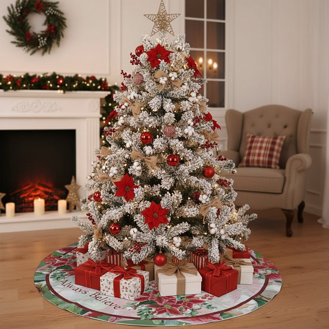 Bright poinsettias and holly custom Christmas  Brushed Polyester Tree Skirt (Creator Uploaded)