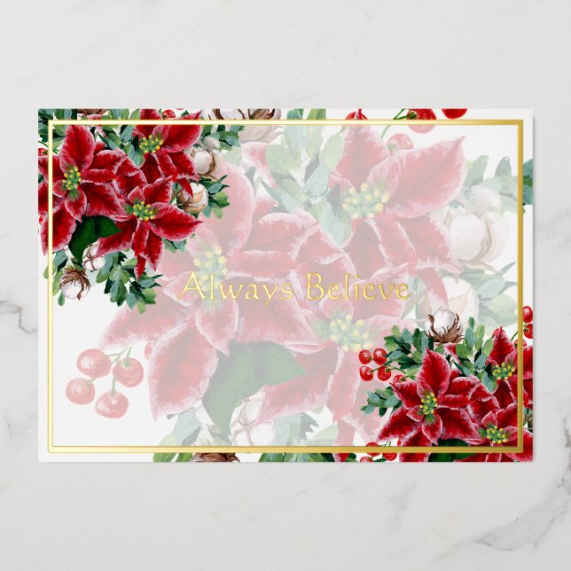 Bright poinsettias and holly custom Christmas Holi Foil Holiday Card (Front)