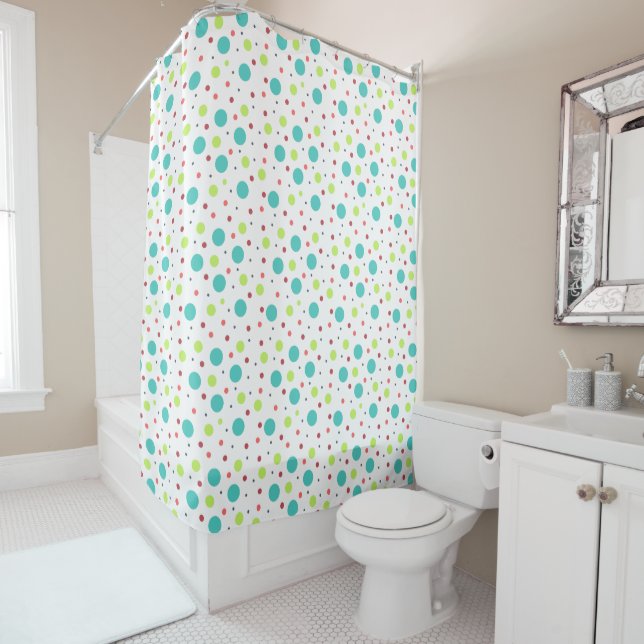 Bright Polka Dot Pattern Green Blue Red Pink Gray Shower Curtain (In Situ)