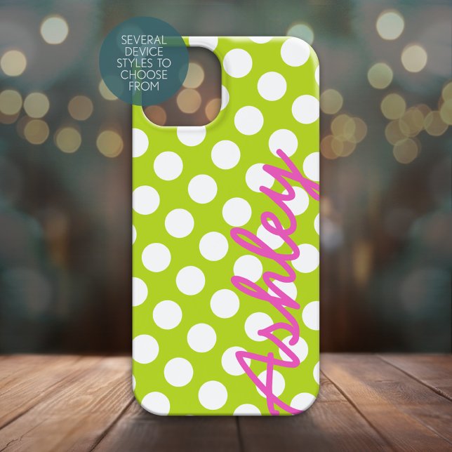 Bright Polka Dot Pattern with name - green pink Case-Mate iPhone Case (Personalized Phone Case - Many Device Styles to Choose From)
