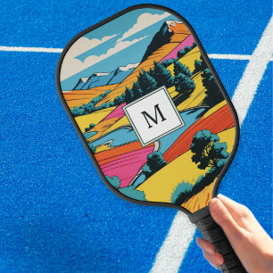 Bright Pop Art Colorful Landscape Monogrammed Pickleball Paddle