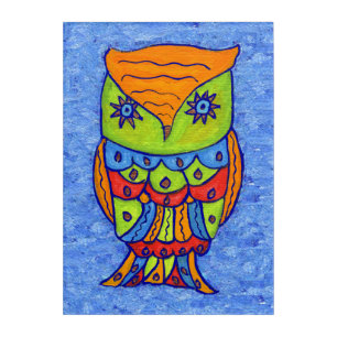 Bright Pop Art Whimsical Colorful Owl on Blue