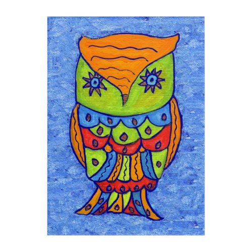 Bright Pop Art Whimsical Colorful Owl on Blue