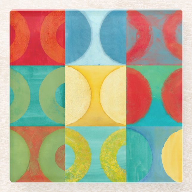 Bright Pop Art with Circles and Squares Glass Coaster (Front)