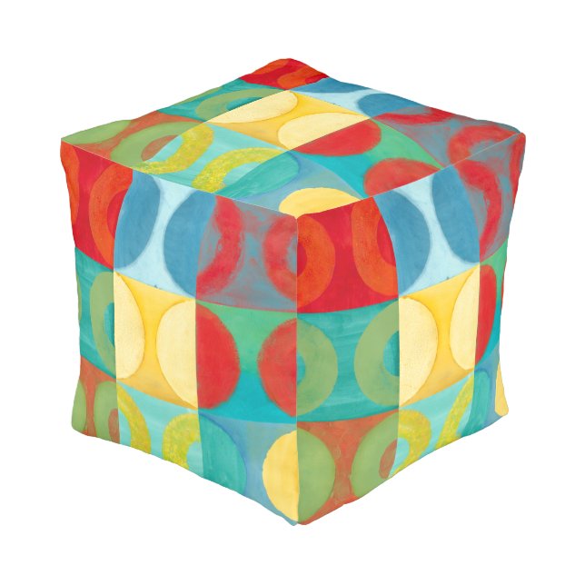 Bright Pop Art with Circles and Squares Pouf (Angled Front)