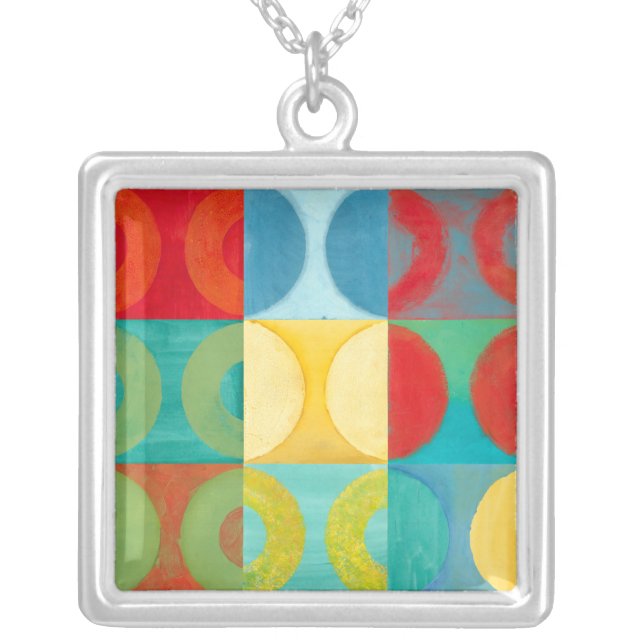 Bright Pop Art with Circles and Squares Silver Plated Necklace (Front)