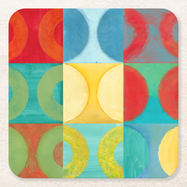 Bright Pop Art with Circles and Squares Square Paper Coaster (Front)
