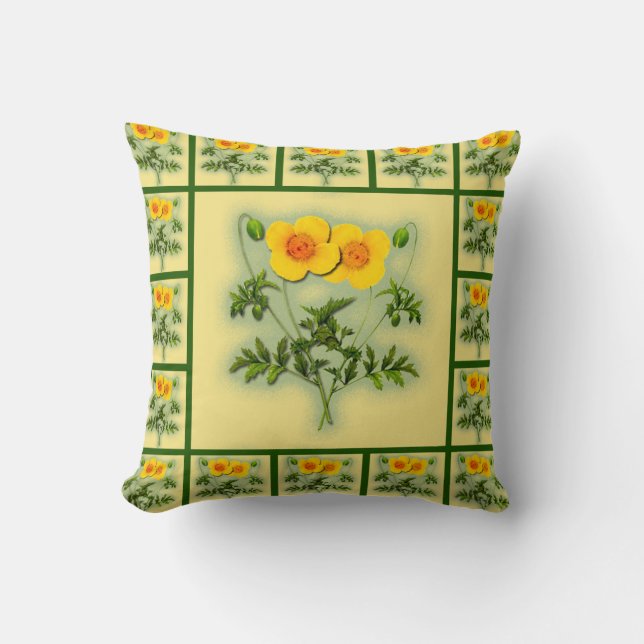 Bright Poppies in Yellow with Green Trim Pillow (Front)