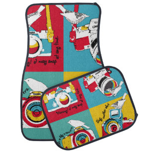 Bright poster in the style of pop art with image o car floor mat