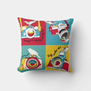 Bright poster in the style of pop art with image o throw pillow