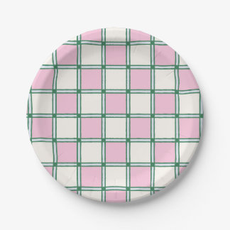 Bright Preppy Pink, Blue and Green Checkers Paper Plates