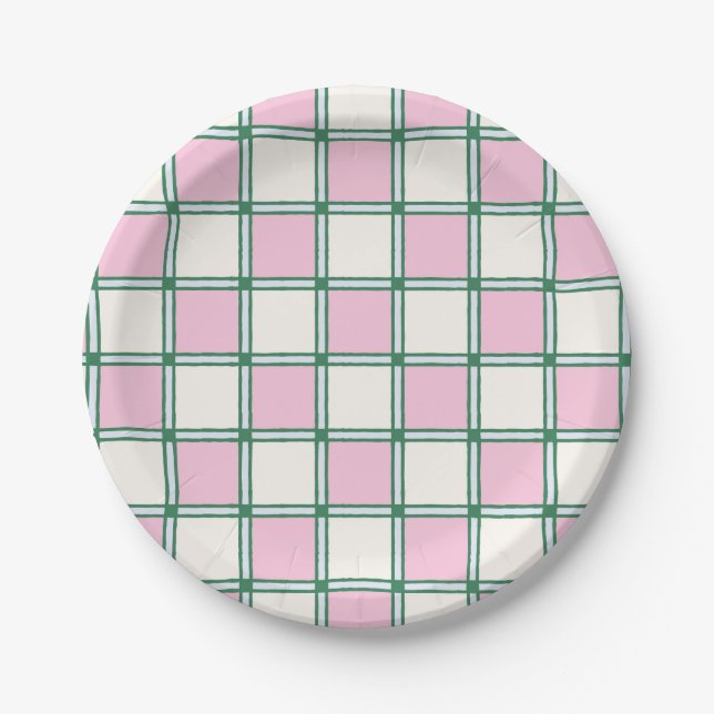 Bright Preppy Pink, Blue and Green Checkers Paper Plates (Front)