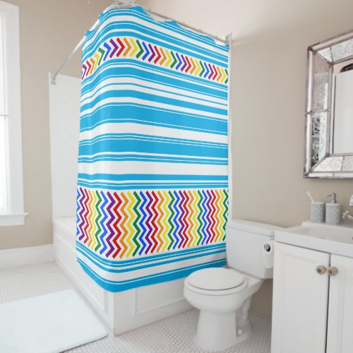 Bright Pride Pattern on Sky Blue and White Stripe Shower Curtain