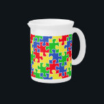 Bright Primary Colors Jigsaw Puzzle Pieces Beverage Pitcher<br><div class="desc">A pattern of jigsaw puzzle pieces in bright primary colors. Red,  yellow,  blue and green with a white border.</div>