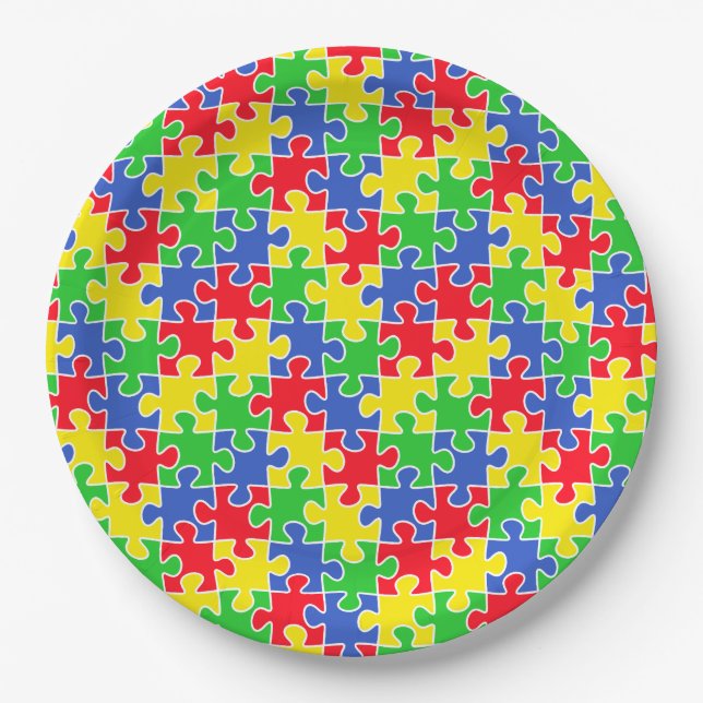 Bright Primary Colors Jigsaw Puzzle Pieces Paper Plates (Front)